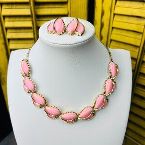 Vintage MCM Pink Thermoset Goldtone Necklace and Clip Earrings Set